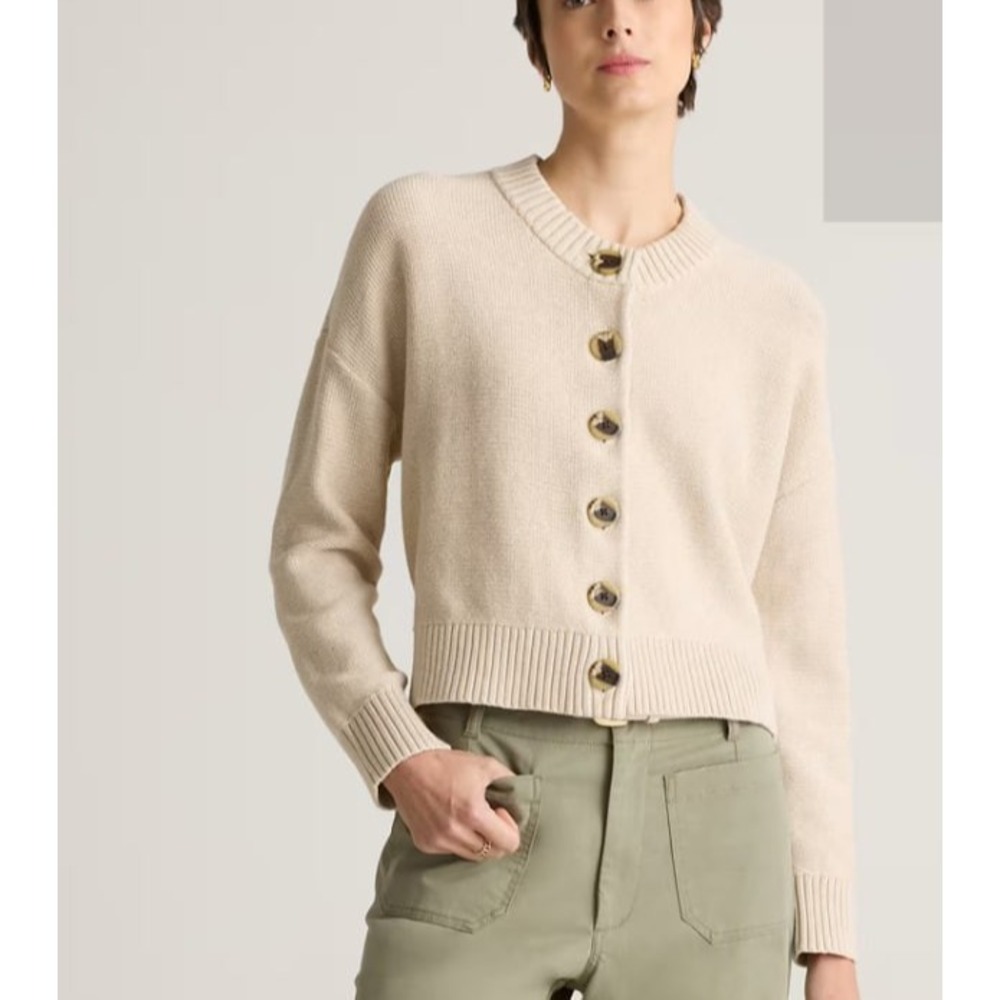 Quince Women's Cardigan Sweater Medium Cream Button Front Ribbed Trim M A011483
